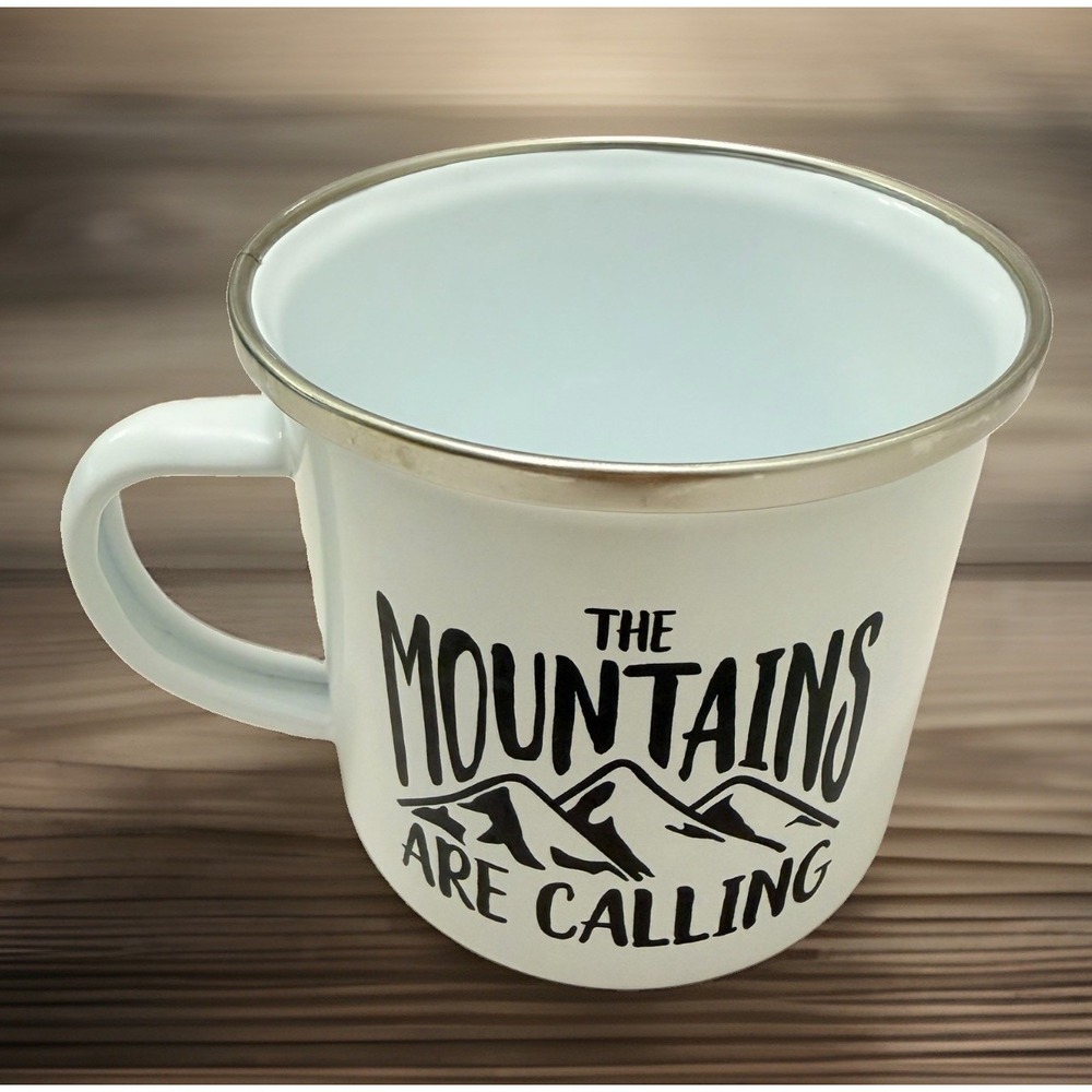 Hiker Gift Trail Enamel Style Camping Hiking Coffee Cup Mug White Metal NH USA